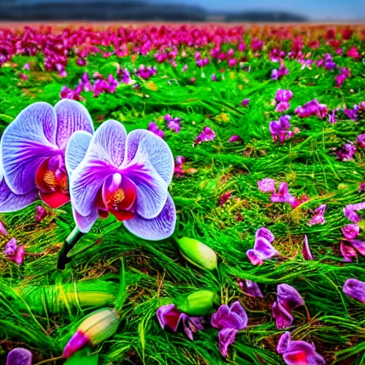 Image similar to Colorful orchid flower blossoming in field of flowers, climax, overwhelming, brilliant, cinematic, epic, 8k, sharp focus, color grain 35mm, tilt-shift, dslr, high detail