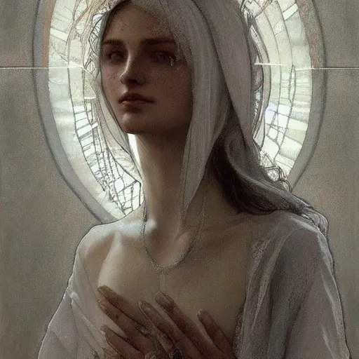 Image similar to portrait of a beautiful ethereal delicate roman catholic bishopress meditative sacral pose catholic stages of the cross, white hair, intricate, elegant, highly detailed, digital painting, artstation, concept art, smooth, sharp focus, illustration, art by krenz cushart and artem demura and alphonse mucha