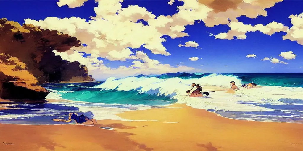 Prompt: Australian beach, clouds and wings and waves, by studio ghibli painting, by Joaquin Sorolla rhads Leyendecker, An aesthetically pleasing, dynamic, energetic, lively, well-designed digital art of a beach, ripples, waves, sea foam, light and shadow, ocean caustics, overlaid with aizome patterns, by Ohara Koson and Thomas Kinkade, traditional Japanese colors, superior quality, masterpiece