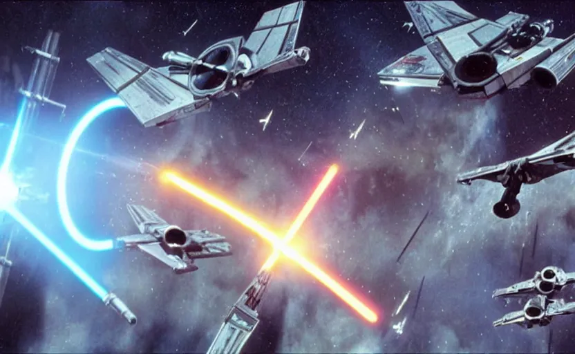 Image similar to iconic cinematic screen shot of scene x wing space battle against new tie fighter desing, from the action packed scene from the 1 9 7 0 s star wars sci fi film by stanley kubrick, glowing lasers, kodak film stock, anamorphic lenses 2 4 mm, lens flare, iconic cinematography, award winning