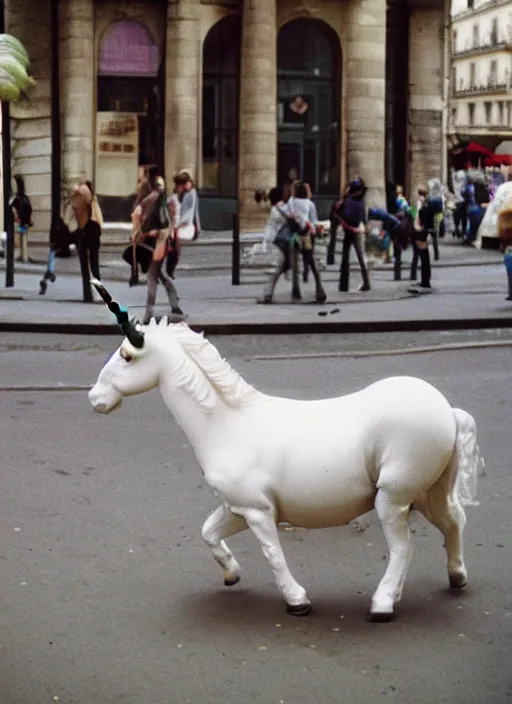 Image similar to a unicorn in paris with a cabbage and a cat out flying out of its horn, canon 5 d 5 0 mm lens kodachrome