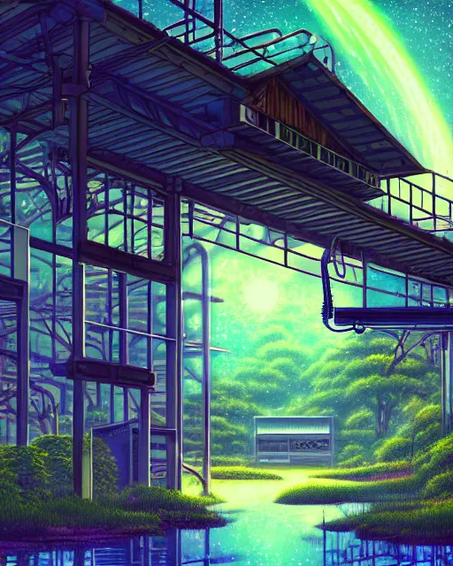 Image similar to a beautiful very detailed anime illustration of nature chalet industrial architecture abandoned urbex building architecture by martin johnson heade, architecture island flowers forest galactic neon noir infrared vice city thermal imaging, archdaily, wallpaper, highly detailed, trending on artstation.