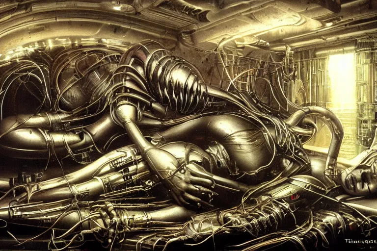 Image similar to the birth of the cyborg sleeping chambre / artificial womb by hr giger. hedonic imperative expressed as a pan - species techno - utopia imagined by jim burns and james gurney. masterpiece scifi artwork, retro, trending on artstation, 8 k