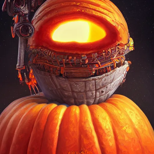 Image similar to detailed concept art illustration colorful oil painting of a sci-fi fantasy pumpkin in full intricate detail, ultra detailed, digital art, octane render, 4K, dystopian, micro details