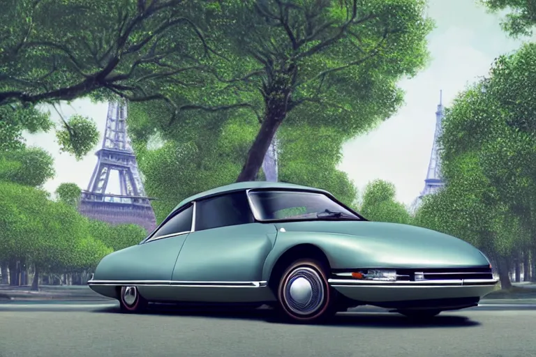 Prompt: a wholesome beautiful animation key shot of!! one!! focused!! 1 9 7 4 citroen ds!! in a tree lined paris street, slight view of eiffel tower, medium shot, studio ghibli, ( pixar ) and disney animation, sharp, very detailed, high resolution, rendered in unreal engine 5, anime key art by greg rutkowski, bloom, dramatic lighting