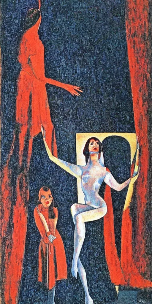 Prompt: a film still of suspiria by dario argento 1 9 7 7 movie, painted by modigliani, impressionism, pointillism, high quality, detailed, print!