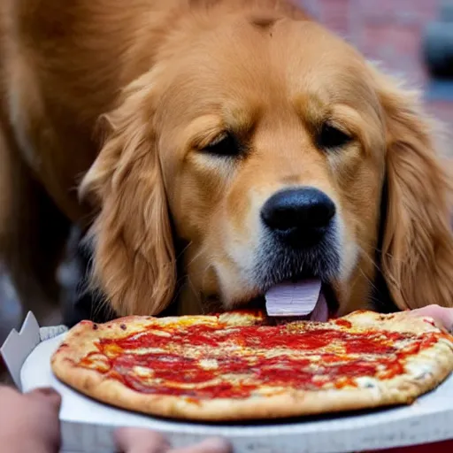 Prompt: A golden retriever eating a slice of pizza