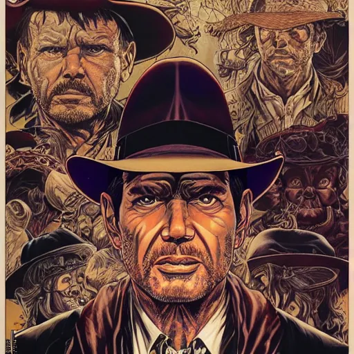 Prompt: portrait of crazy indiana jones, symmetrical, by yoichi hatakenaka, masamune shirow, josan gonzales and dan mumford, ayami kojima, takato yamamoto, barclay shaw, karol bak, yukito kishiro