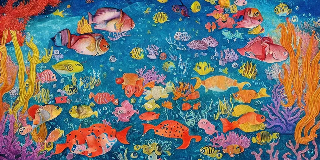 Image similar to a beautiful painting of an elaborate underwater scene painted by bosch and lisa frank, detailed