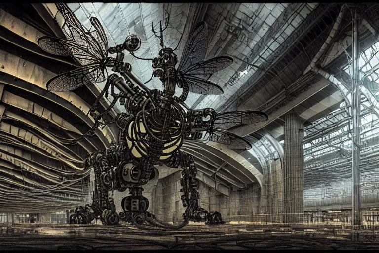 Image similar to dieselpunk huge robotic dragonfly, inside an gigantic underground concrete doom hangar, interior structure, drains, storm drains, jungle, vines, algea, cables, panels, walls, ceiling, floor, doors, brutalist architecture, intricate ink drawing, highly detailed in the style of Ashley Wood, moebius and Tsutomu Nihei, photorealistic, cinematic, intricate detail, well lit,