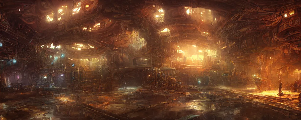 Image similar to ” steampunk docking bay inside an ancient cargo ship, [ art by paul lehr, cinematic, detailed, epic, widescreen, opening, establishing, mattepainting, photorealistic, realistic textures, octane render ] ”