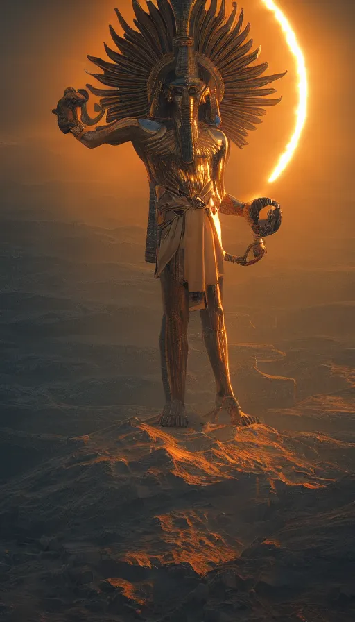 Image similar to the god horus invoking the energies of the sun, thelema, atmospheric, wide perspective, dramatic lights, micro details, grand composition, cinematic look, detailed, humidity, dust particles, photo real, ultra detailed, 8 k render, hyperrealistic octane render trending on artstation