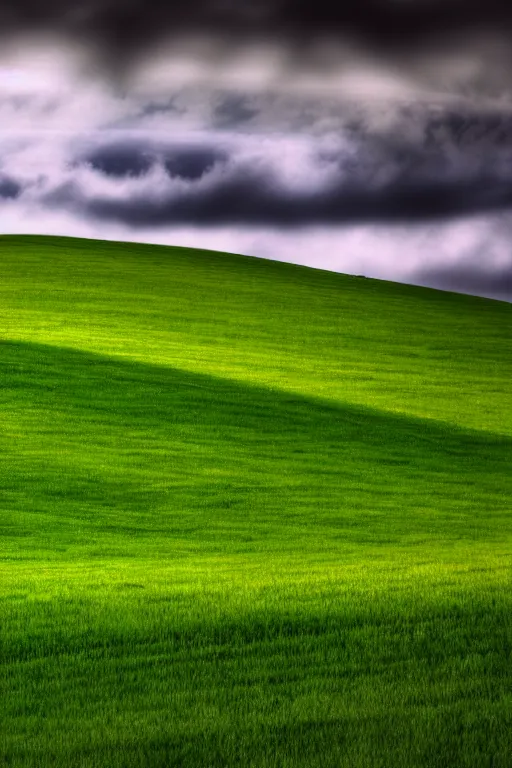 Prompt: windows xp hills screensaver with a graveyard in front, gloomy