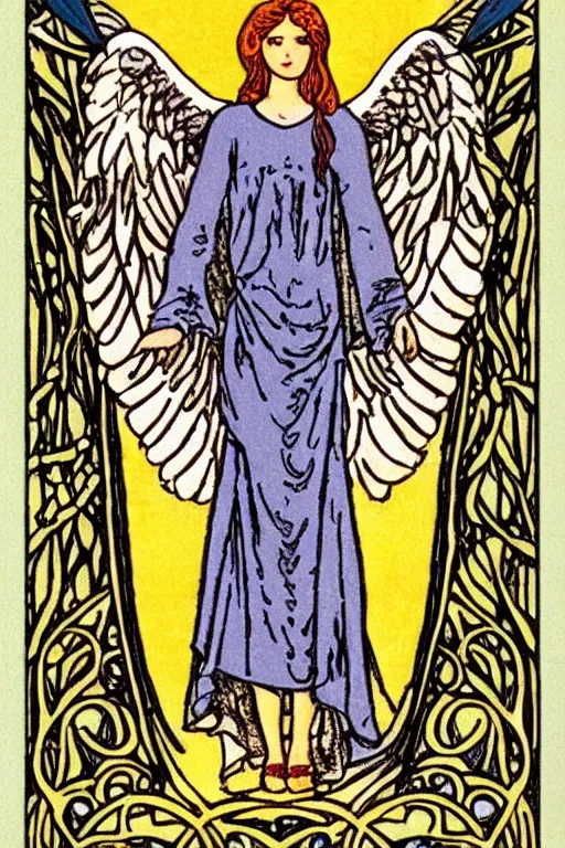 Image similar to a Tarot card depicting an angel, in the style of art nouveau