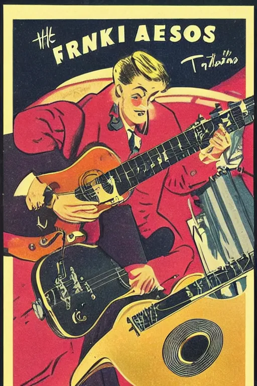 Image similar to guitar in the style of a 50s by Frank Hampson and mcbess, 1950s