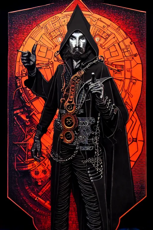 Image similar to cloaked steampunk wizard, high details, intricately detailed, by vincent di fate, inking, 3 color screen print, masterpiece, trending on artstation,, sharp, details, hyper - detailed, hd, 4 k, 8 k