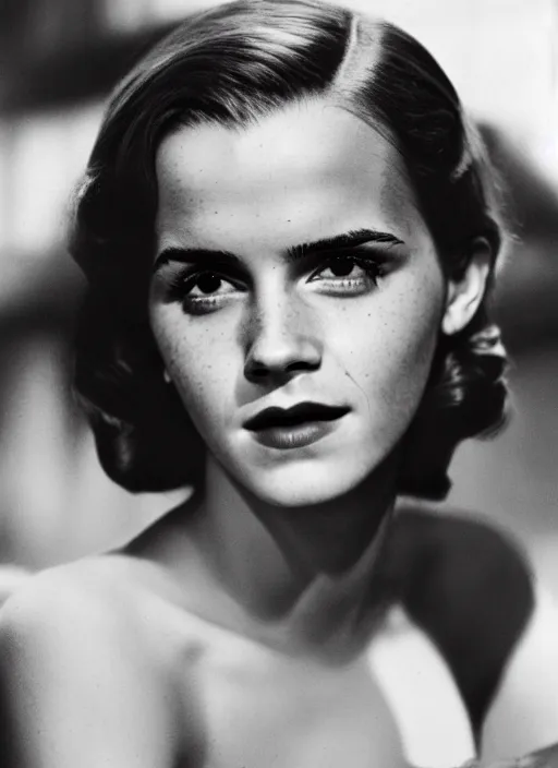 Image similar to Retro color photography 1940s portrait Hollywood headshot of Emma Watson Kodak Gold, 35mm aspherical lens