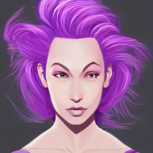 Image similar to a stunning upper body portrait of a beautiful woman with purple pink hair blowing in the wind by marvel comics, digital art, trending on artstation