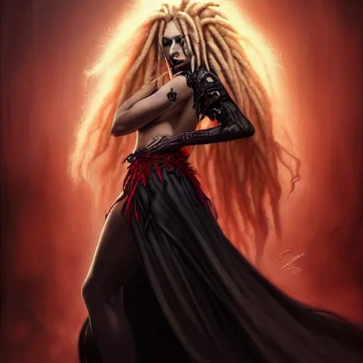 Image similar to photography flawless beautiful psychopathic female with blonde and red dreadlocks in a black ballgown, dark, piercing eyes, exotic expression, esoteric clothing, photorealistic, highly detailed, mysterious lighting, artstation, smooth, sharp focus, art by artgerm, greg rutkowski and luis royo