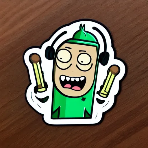 Image similar to a pickle-rick, svg sticker, vector art, wearing headphones, jamming to music