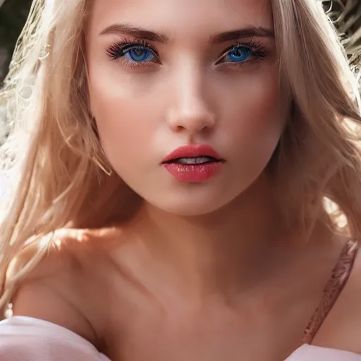 Image similar to a surprised gorgeous female photo, professionally retouched, soft lighting, wearing sundress, illuminated by moonlight, realistic, smooth face, blonde goddess, luscious lips, perfect eyes, wide angle, sharp focus on eyes, 8 k high definition, insanely detailed, intricate, elegant