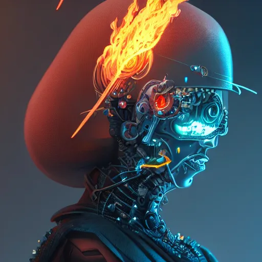 Image similar to a portrait of a evil cybernetic magician releasing fire spell, cyberpunk concept art, trending on artstation, highly detailed, intricate, sharp focus, digital art, 8 k