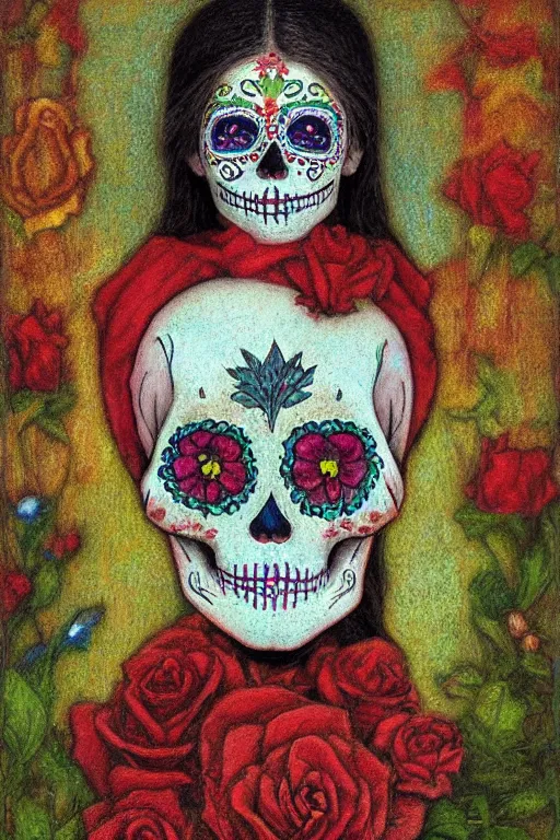 Prompt: Illustration of a sugar skull day of the dead girl, art by L Birge Harrison