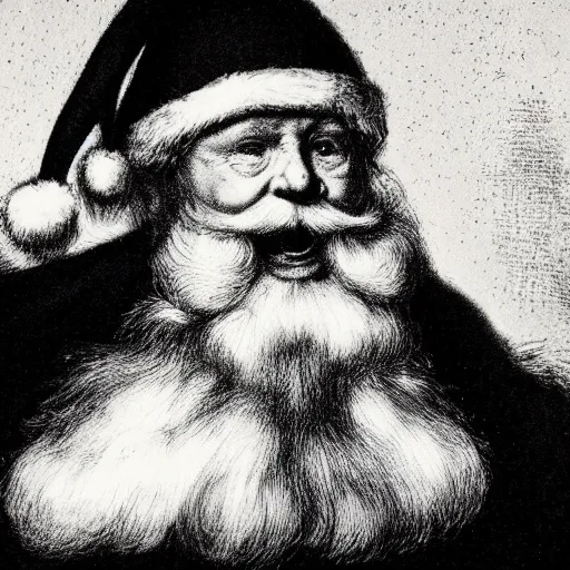 Prompt: A mid distance portrait of Santa looking disgusted. Black background. in the style of Rembrandt. meme text along the bottom says Santa looking you up on the naughty list