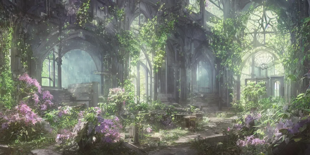 Prompt: anime kyoto animation key by greg rutkowski, violet evergarden in abandoned chapel with overgrown flowers and plants