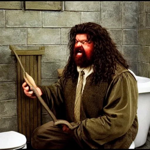 Image similar to Harry Potter, Hagrid is sitting on the toilet