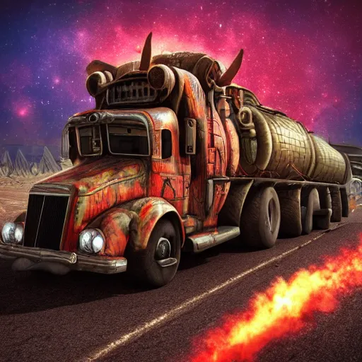 Image similar to A dieselpunk ogre truck with red flames and guns sticking out of it, jet engines with fire and sparks from the back of the trunk in deep space, lush vivid soft colors of sun set, hosing battering ram on front on truck, filigree planets in a stellar nebula, a small Ogre driver , DSLR, HDR, octane render, 3d shading, cgsociety, Horde3d, ambient occlusion, volumetric lighting, ray tracing, 3dexcite, Zbrush, Substance Designer, behance HD, lightWave 3d, Ureal Engine , Monet painting by Kait Kybar
