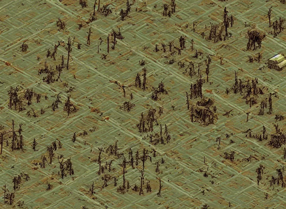 Image similar to Screenshot of a abandoned dead cornfield with a road going across it in Fallout 2 (1998), isometric perspective, postapocalyptic, bird's eye view, prerendered isometric graphics, high quality