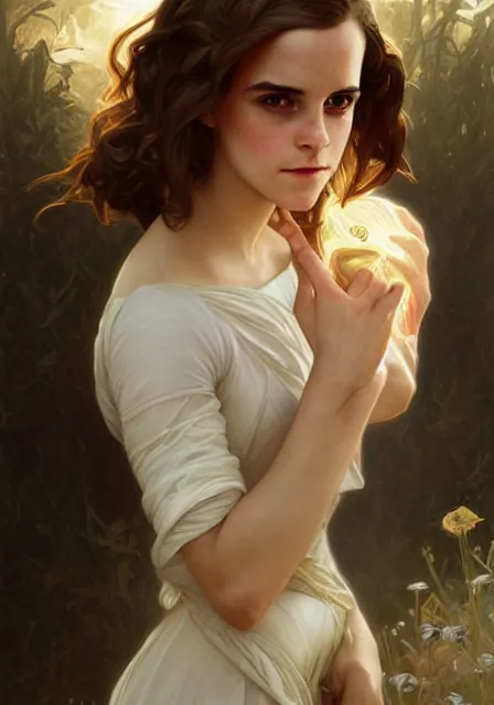 Image similar to emma watson hermione, intricate, elegant, highly detailed, digital painting, artstation, concept art, smooth, sharp focus, illustration, art by artgerm and greg rutkowski and alphonse mucha and william - adolphe bouguereau