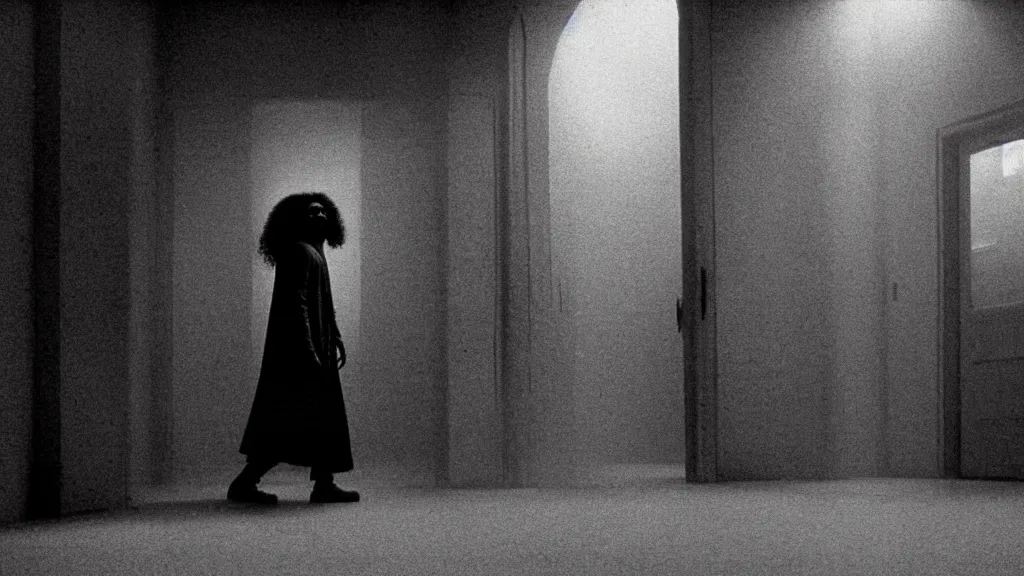 Prompt: photo from distance of a black man with long curly hair, wearing glasses, holding a guitar, walking out of from the past door, film still from the movie directed by Denis Villeneuve with art direction by Zdzisław Beksiński, wide lens