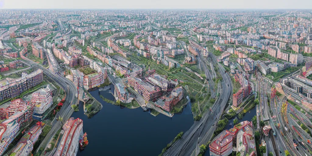 Prompt: bird's eye view photograph of a highrise Russian city, apartments, train station, pond, wide roads, no watermarks, extremely detailed photography