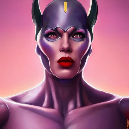 Image similar to thanos as a feminine beautiful muscular fitness model dressed as a battle nun, red lips, attractive, highly detailed full body portrait, pretty face, elegant, breathtaking art, concept art, by artgerm and ilya kuvshinov