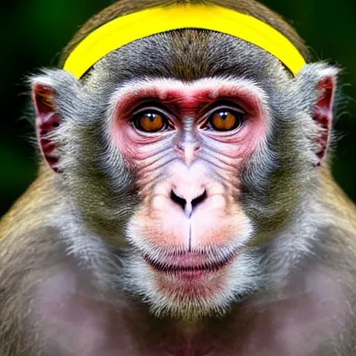 Image similar to portrait of a humanoid macaque wearing a ukrainian headband in the style of piccaso