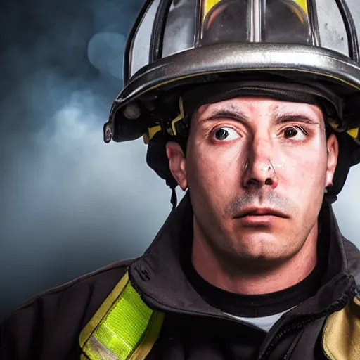 Image similar to tearful firefighter, ultra realistic, smokey