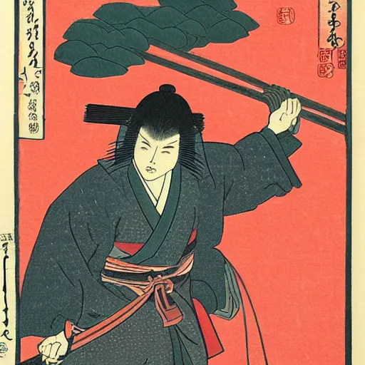 Image similar to Japanese woodblock print of geralt of rivia holding a samurai sword , cherry blossom, Hokusai