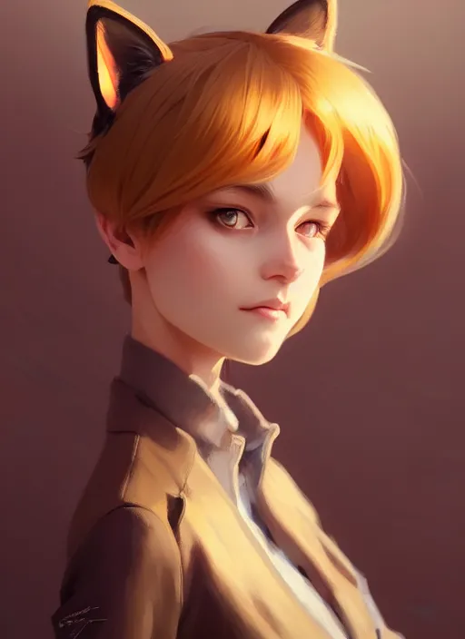 Prompt: ultradetailed beautiful panting of a stylish young lady wearing a brown foxgirl suit with cat ears, dramatic, she has blond hair, distressed, volumetric light, by greg rutkowski, ilya kuvshinov, james jean, makoto shinkai, on artstation