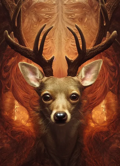 Prompt: deer chihuahua huge ominous glowing brown eyes staring into my soul, perfect eyes, soft pale golden skin, intricate stunning highly detailed, Agostino Arrivabene, Tomasz Strzalkowski, twisted bright lucid dream, 8k portrait render, swirling thick smoke , beautiful lighting, art nouveau, Alphonse Mucha, cgsociety