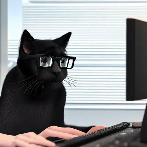 Prompt: anthropomorphic cute black cat wearing glasses working at a computer realistic detailed 4k 3d render