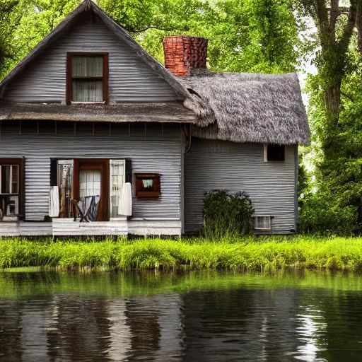 Image similar to a movie still of a river running past a cottage, by wes anderson, cinematic, uhd, 8k,