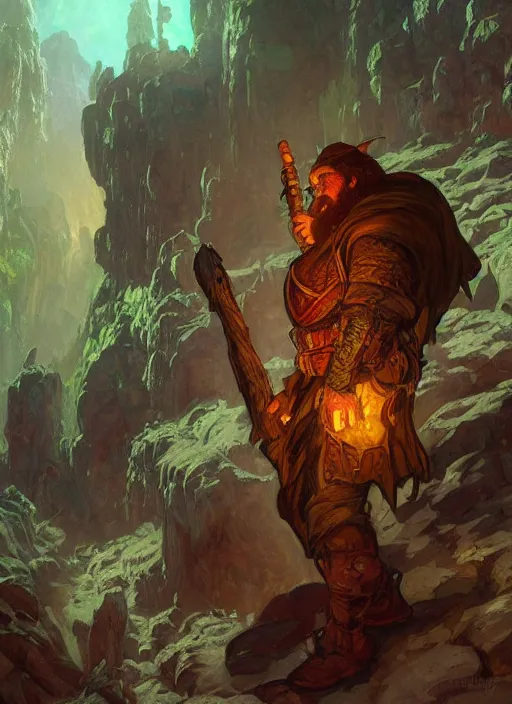 Image similar to Dwarven miner exploring deep caverns. Fantasy concept art. Epic painting by James Gurney, and Alphonso Mucha. ArtstationHQ. painting with Vivid color. (Dragon age, witcher 3, lotr)