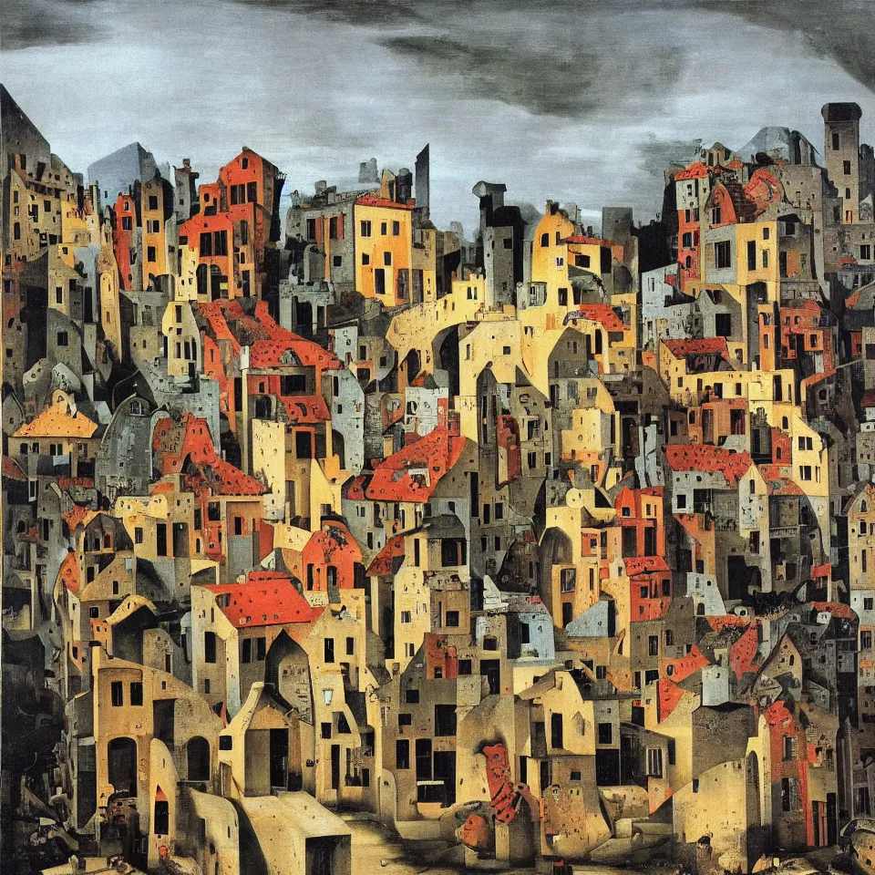 Prompt: a painting of ancient roman village houses by yves tanguy and caravaggio and botticelli, dramatic lighting, analogous complementary colour scheme, vivid colours