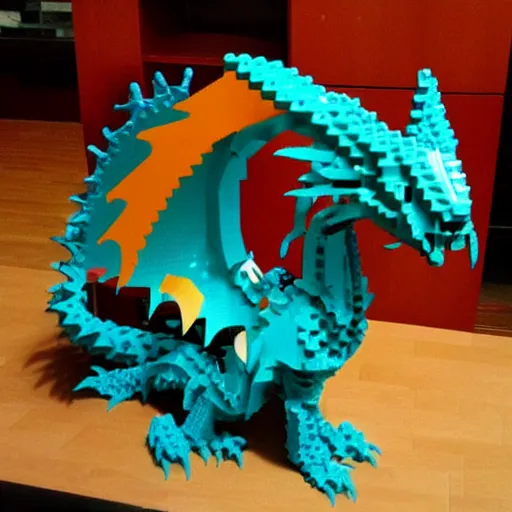 Prompt: “fire breathing dragon made from Lego”