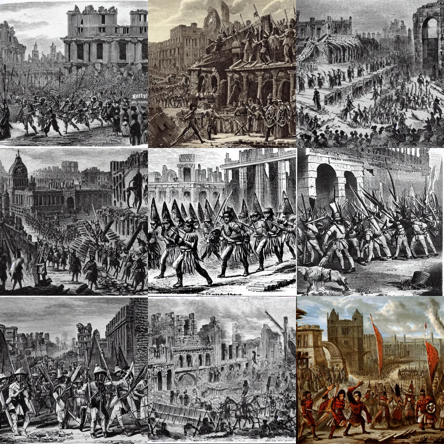 Prompt: Aztec army marches through the ruins of London, 1867