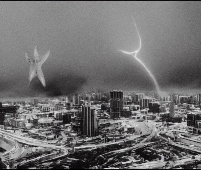 Image similar to Pulgasari the North Korean starfish monster destroying Pyongyang city, volumetric lighting, filmstill, produced by Kim Jong-il, Kodachrome, kaiju-eiga, monster movie, communist propaganda, film noir, 35mm film grain, Cooke Varotal 20-100mm T3.1, in the style of Ishirō Honda and Stanley Kubrick