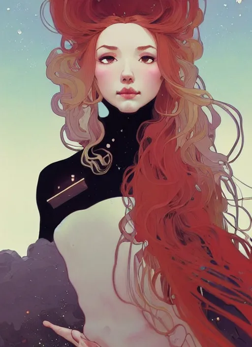 Prompt: highly detailed portrait of a hopeful pretty astronaut lady with a wavy blonde hair, by Greg Tocchini, by Greg Rutkowski, by Dustin Nguyen, by Ilya Repin, by Alphonse Mucha, by Cliff Chiang, 4k resolution, nier:automata inspired, bravely default inspired, vibrant but dreary but upflifting red, black and white color scheme!!! ((Space nebula background))