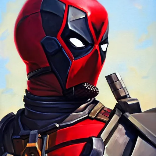 Image similar to greg manchess portrait painting of armored deadpool as overwatch character, medium shot, asymmetrical, profile picture, organic painting, sunny day, matte painting, bold shapes, hard edges, street art, trending on artstation, by huang guangjian and gil elvgren and sachin teng